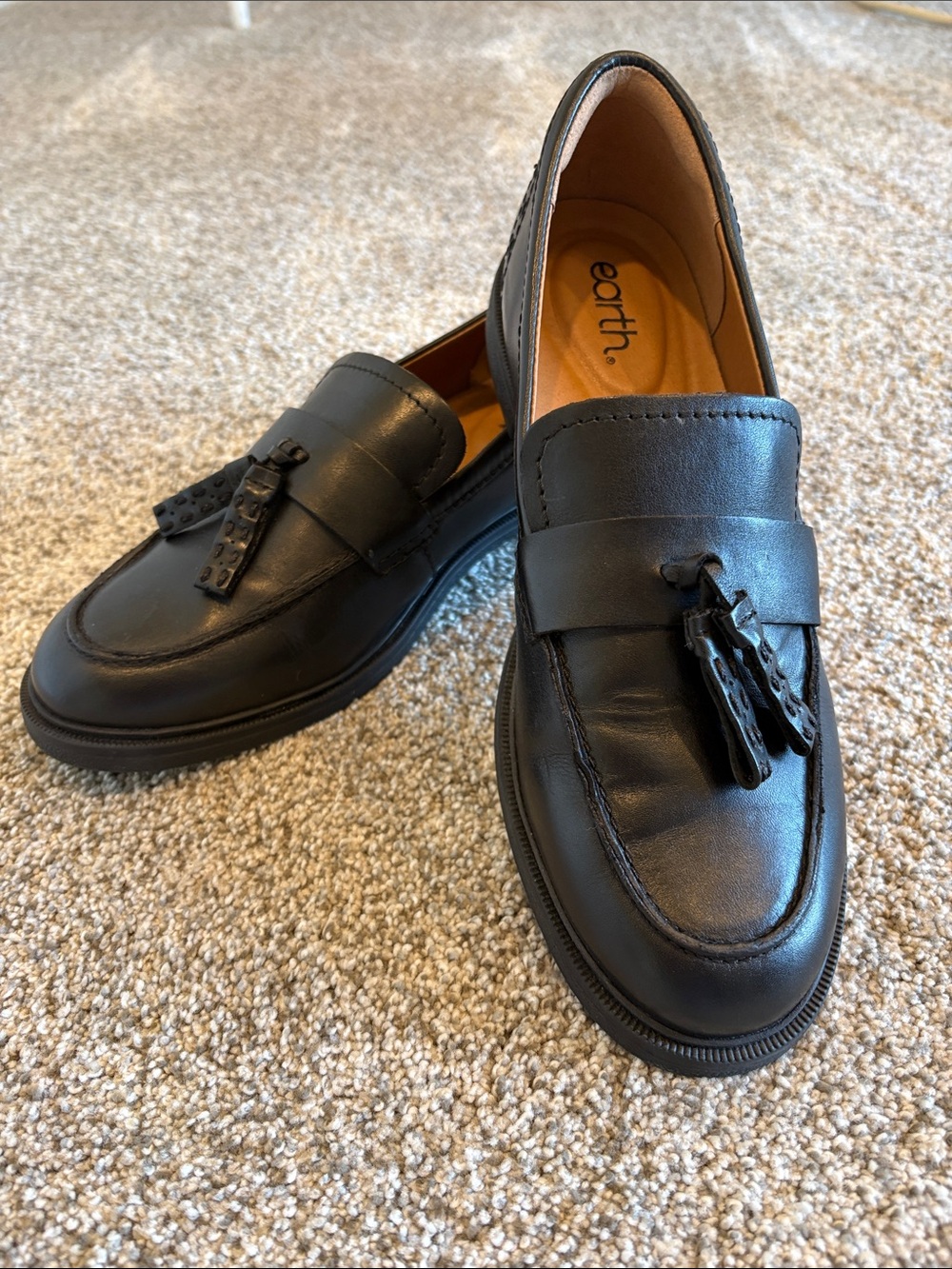 NWOT Earth Black Leather Tassel Slip-On Loafers for Women size 10